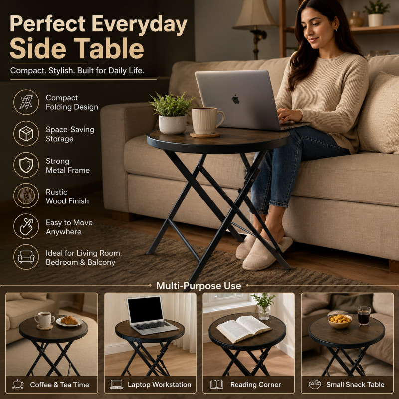 Wooden Round Folding Side Table 
