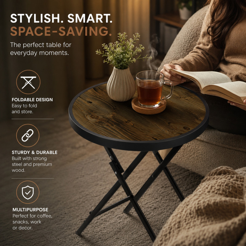 Wooden Round Folding Side Table 