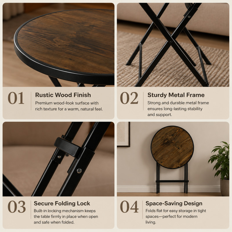 Wooden Round Folding Side Table 