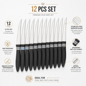 Hyperbole Tramontina Cor & Cor steak knife set with black polypropylene handles – Silver & Black (12 PCS)