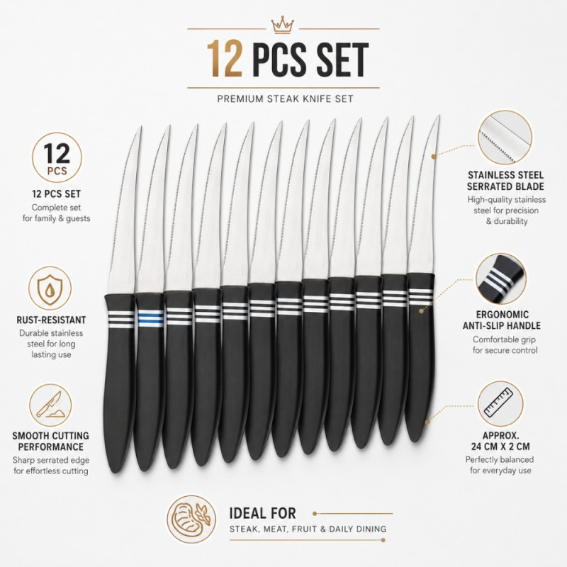 Hyperbole Tramontina Cor &amp; Cor steak knife set with black polypropylene handles – Silver &amp; Black (12 PCS)
