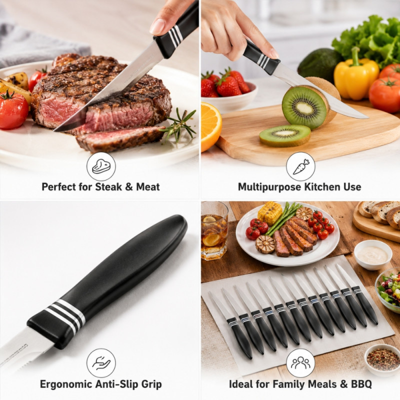 Hyperbole Tramontina Cor &amp; Cor steak knife set with black polypropylene handles – Silver &amp; Black (12 PCS)