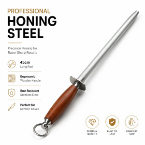 Professional Stainless Steel Honing Rod – Silver &amp; Wooden Handle (45 x 2cm)