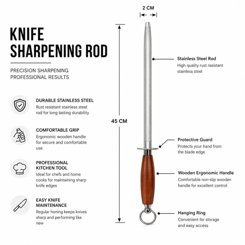 Professional Stainless Steel Honing Rod – Silver &amp; Wooden Handle (45 x 2cm)