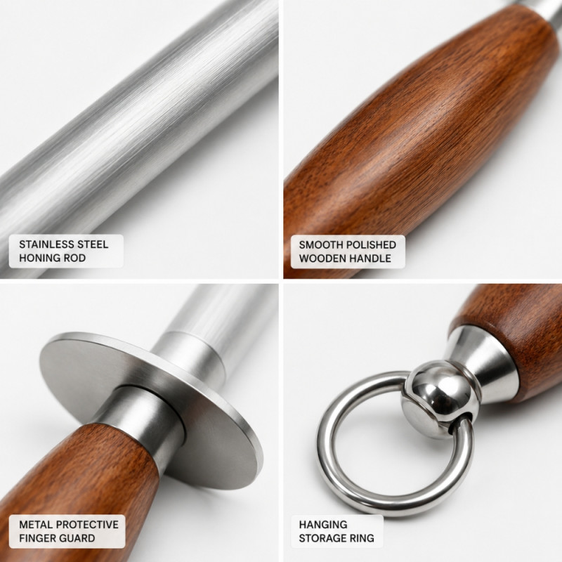 Professional Stainless Steel Honing Rod – Silver &amp; Wooden Handle (45 x 2cm)