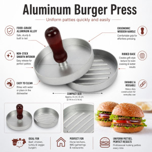 Authentic aluminum alloy burger press with a wooden handle for making uniform patties – Silver (8 x 8cm) Authentic aluminum alloy burger press with a wooden handle for making uniform patties – Silver (8 x 8cm)