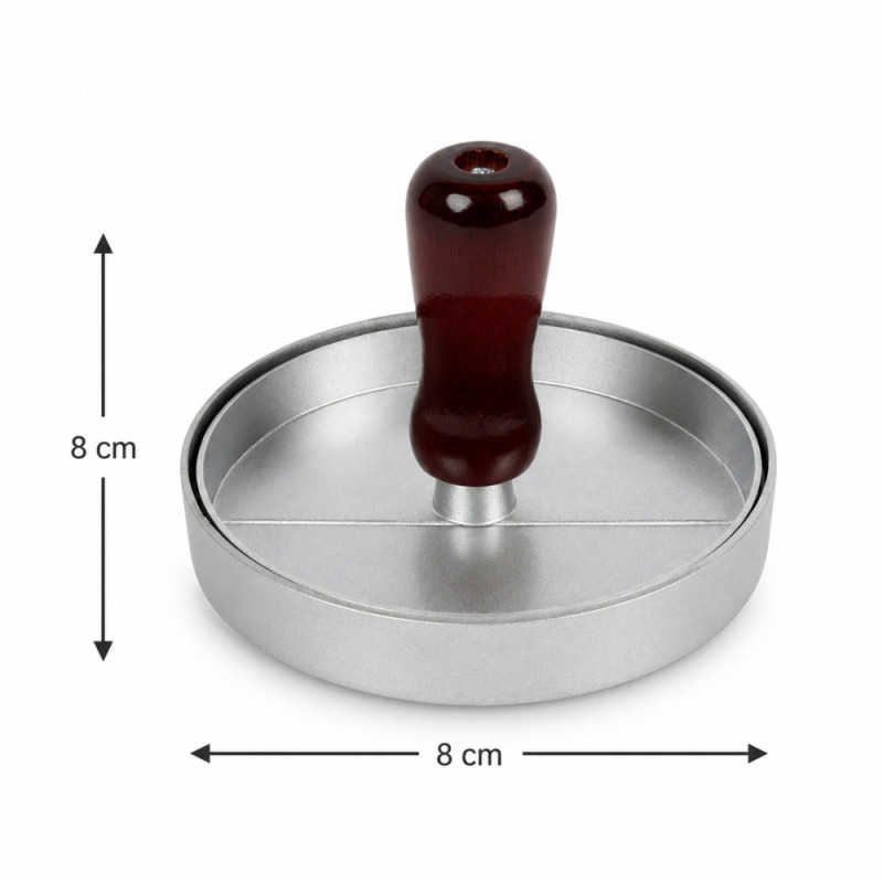 Authentic aluminum alloy burger press with a wooden handle for making uniform patties – Silver (8 x 8cm)