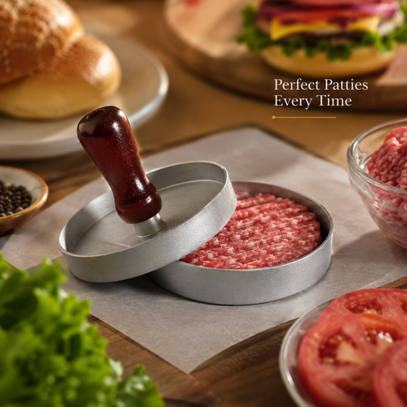 Authentic aluminum alloy burger press with a wooden handle for making uniform patties – Silver (8 x 8cm)