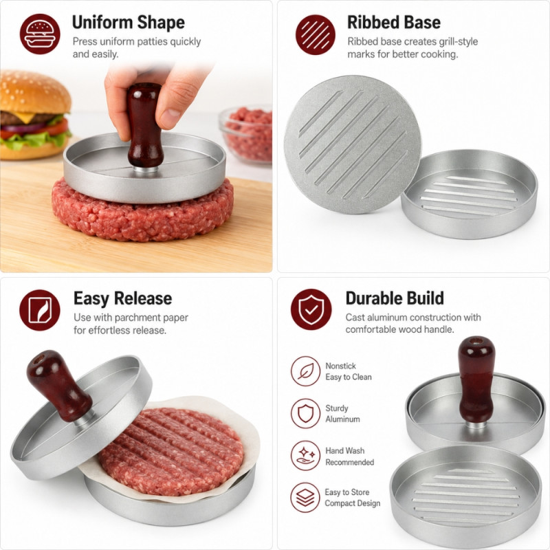 Authentic aluminum alloy burger press with a wooden handle for making uniform patties – Silver (8 x 8cm)