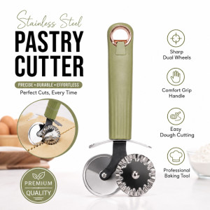 Transparent stainless steel and ABS plastic pastry cutter wheel with a green ergonomic anti-slip handle and dual cutting wheels – Olive & Silver (18 x 8cm)