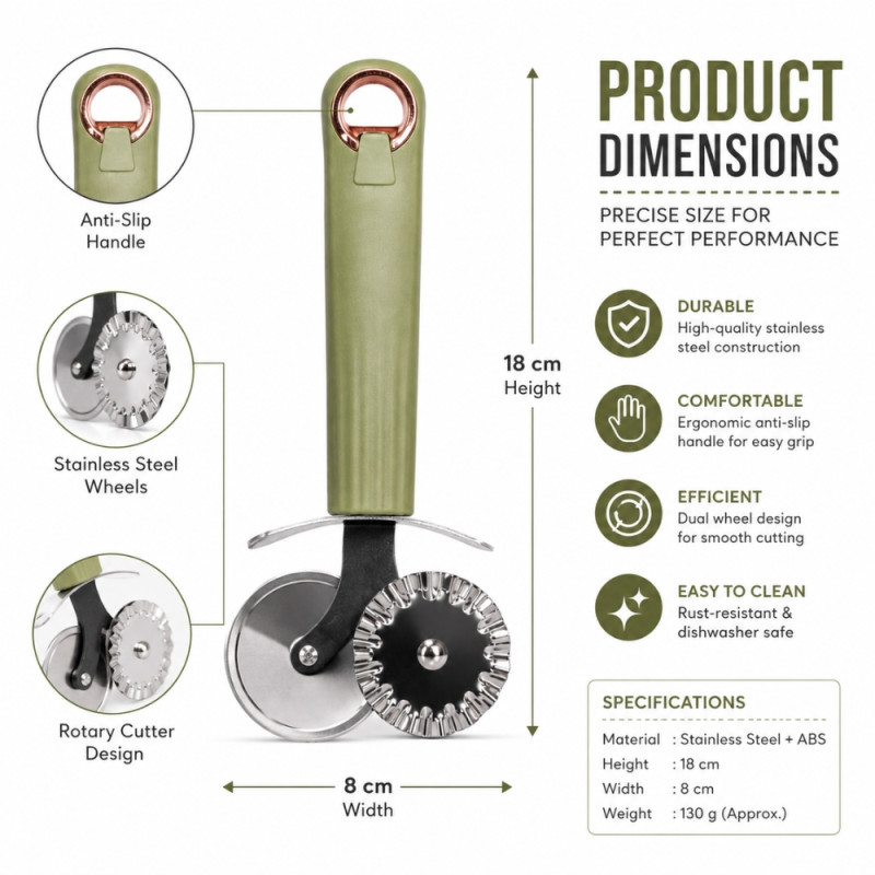 Transparent stainless steel and ABS plastic pastry cutter wheel with a green ergonomic anti-slip handle and dual cutting wheels – Olive & Silver (18 x 8cm)
