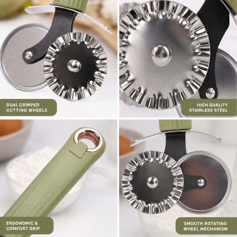 Transparent stainless steel and ABS plastic pastry cutter wheel with a green ergonomic anti-slip handle and dual cutting wheels – Olive & Silver (18 x 8cm)