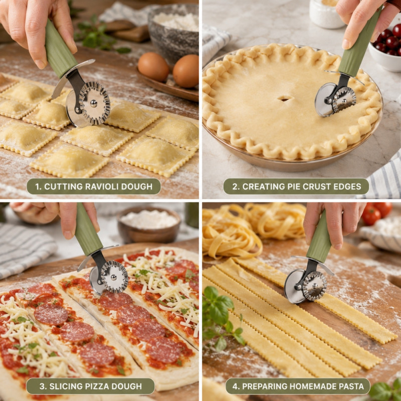 Transparent stainless steel and ABS plastic pastry cutter wheel with a green ergonomic anti-slip handle and dual cutting wheels – Olive & Silver (18 x 8cm)