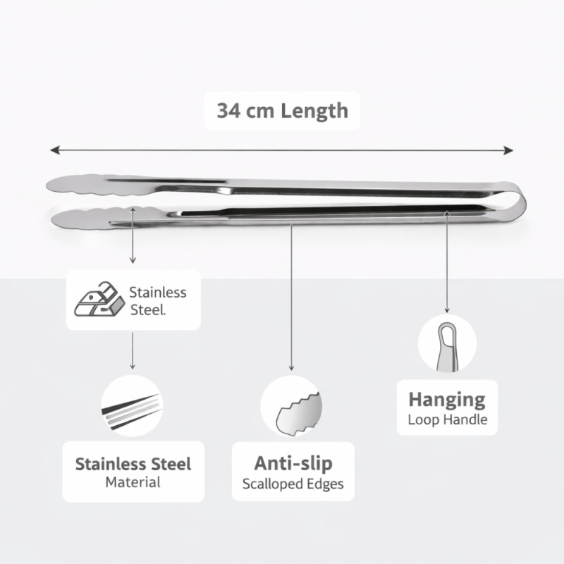 Professional 34cm Stainless Steel Kitchen Tongs – Heavy-Duty Grilling &amp; Serving Tool