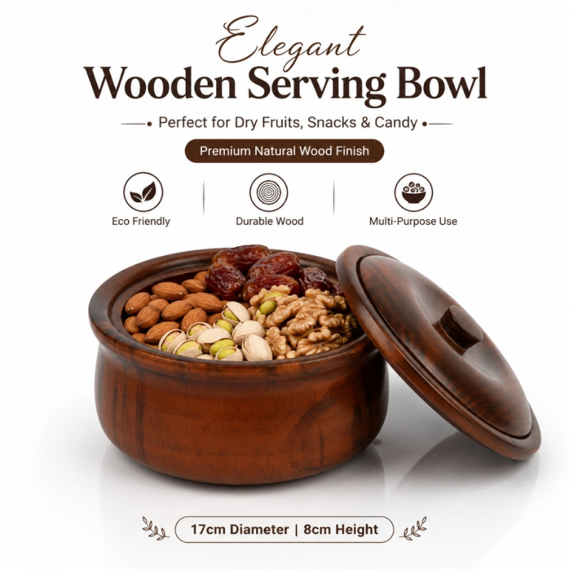 Elegant Wooden Serving Bowl with Lid – Natural Wooden Finish (8 x 17cm)
