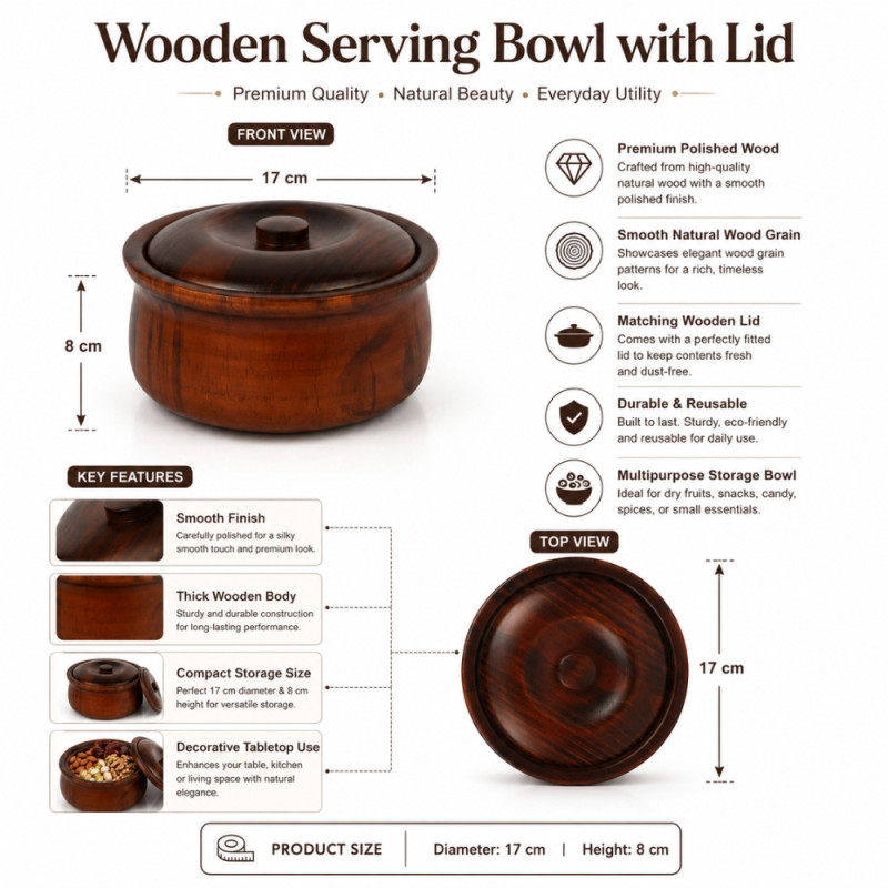 Elegant Wooden Serving Bowl with Lid – Natural Wooden Finish (8 x 17cm)