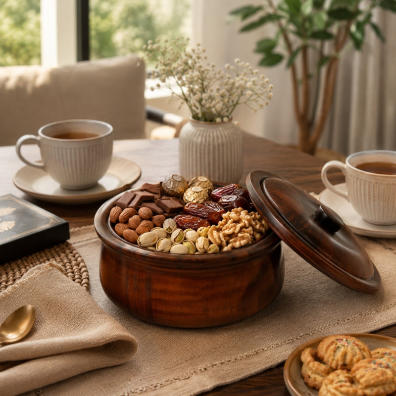 Elegant Wooden Serving Bowl with Lid – Natural Wooden Finish (8 x 17cm)