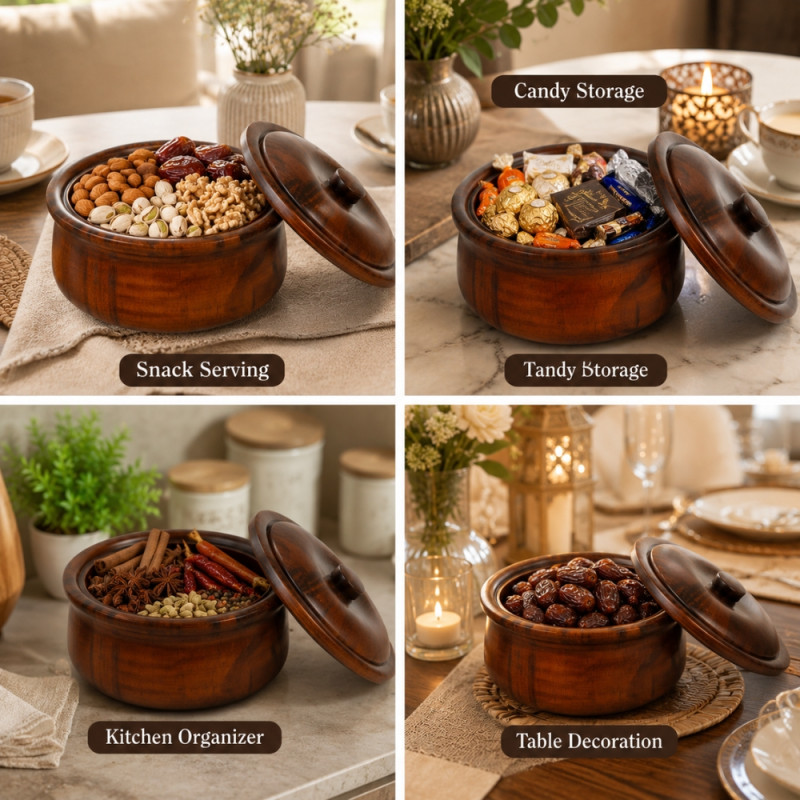 Elegant Wooden Serving Bowl with Lid – Natural Wooden Finish (8 x 17cm)