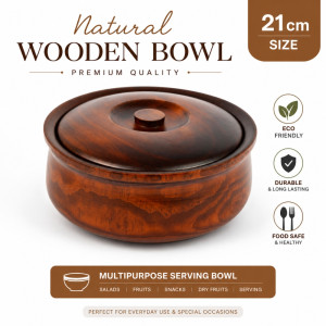 Elegant Wooden Serving Bowl with Lid – Natural Wooden Finish (21 cm)