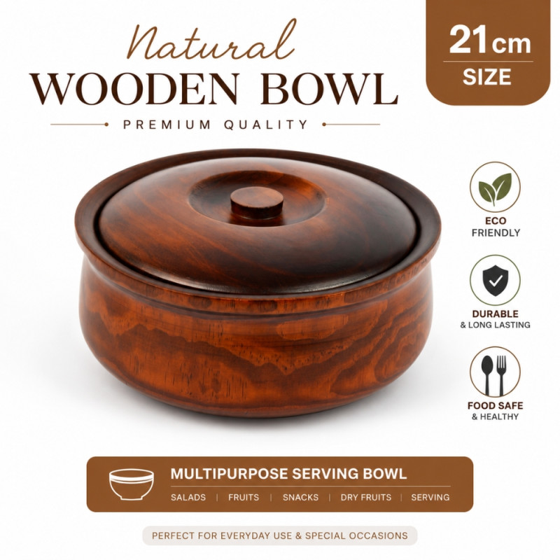 Elegant Wooden Serving Bowl with Lid – Natural Wooden Finish (21 cm)