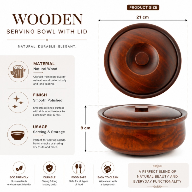 Elegant Wooden Serving Bowl with Lid – Natural Wooden Finish (21 cm)