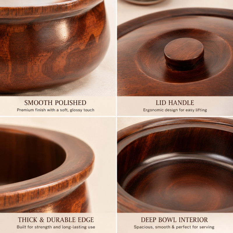Elegant Wooden Serving Bowl with Lid – Natural Wooden Finish (21 cm)