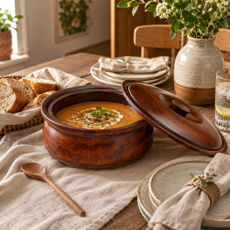 Elegant Wooden Serving Bowl with Lid – Natural Wooden Finish (21 cm)