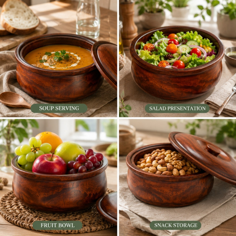 Elegant Wooden Serving Bowl with Lid – Natural Wooden Finish (21 cm)