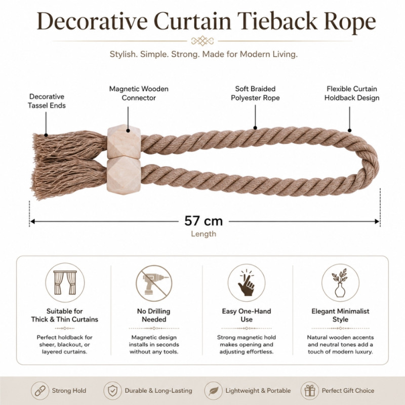 Bohemian Style Magnetic Curtain Tiebacks – Light Brown Decorative (57cm)