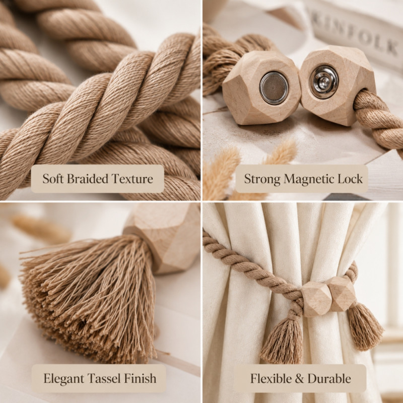 Bohemian Style Magnetic Curtain Tiebacks – Light Brown Decorative (57cm)