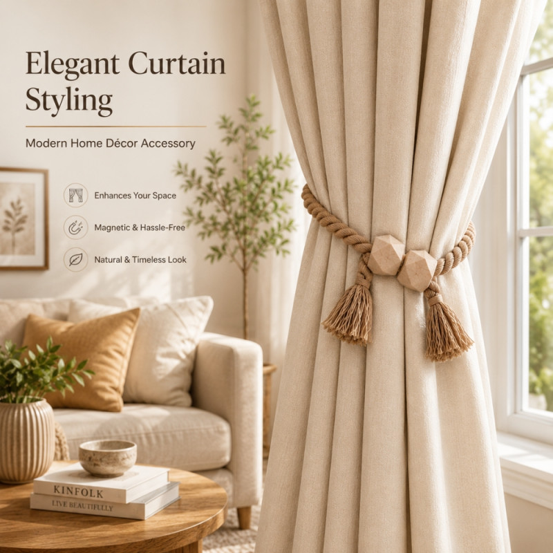 Bohemian Style Magnetic Curtain Tiebacks – Light Brown Decorative (57cm)