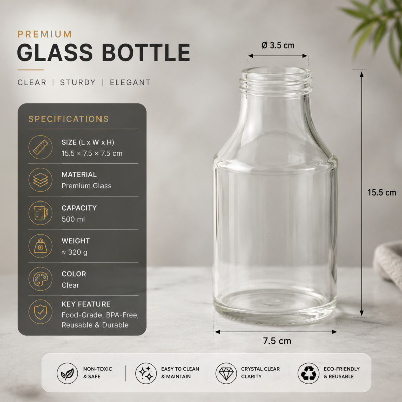 Clear View Glass Storage Bottle Designed for Everyday Cooking & Kitchen Excellence – Transparent (H-15.5, W-7.5, L-7.5 CM)