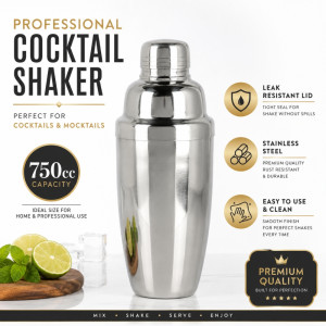 Community-Centric 750cc professional stainless steel cocktail shaker featuring a leak-resistant lid for spill-free mixing – Silver (20.5 x 8cm)