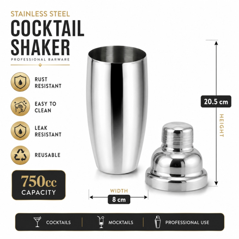Community-Centric 750cc professional stainless steel cocktail shaker featuring a leak-resistant lid for spill-free mixing – Silver (20.5 x 8cm)