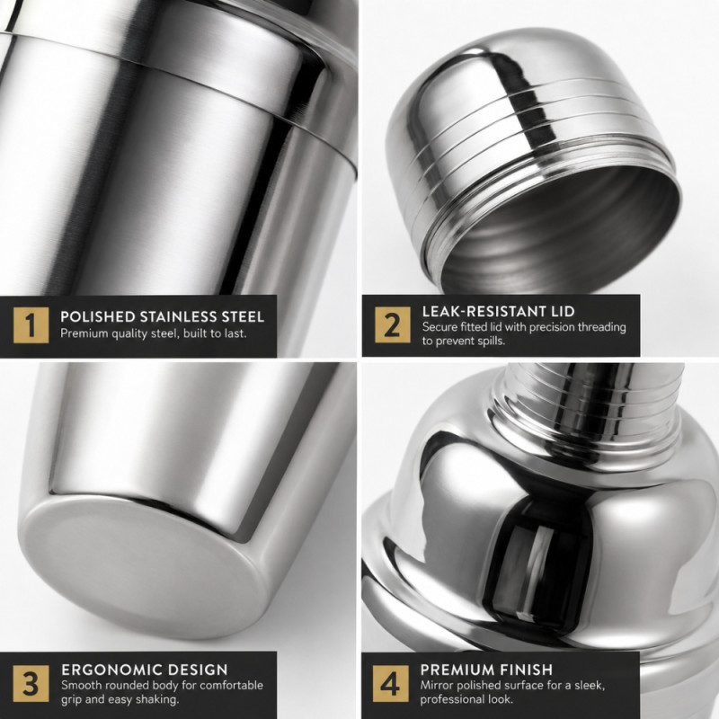 Community-Centric 750cc professional stainless steel cocktail shaker featuring a leak-resistant lid for spill-free mixing – Silver (20.5 x 8cm)