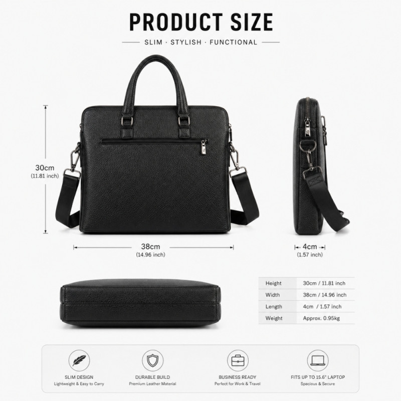 Executive Slim Leather Briefcase – Professional Obsidian Black (38cm)
