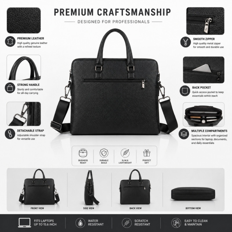 Executive Slim Leather Briefcase – Professional Obsidian Black (38cm)