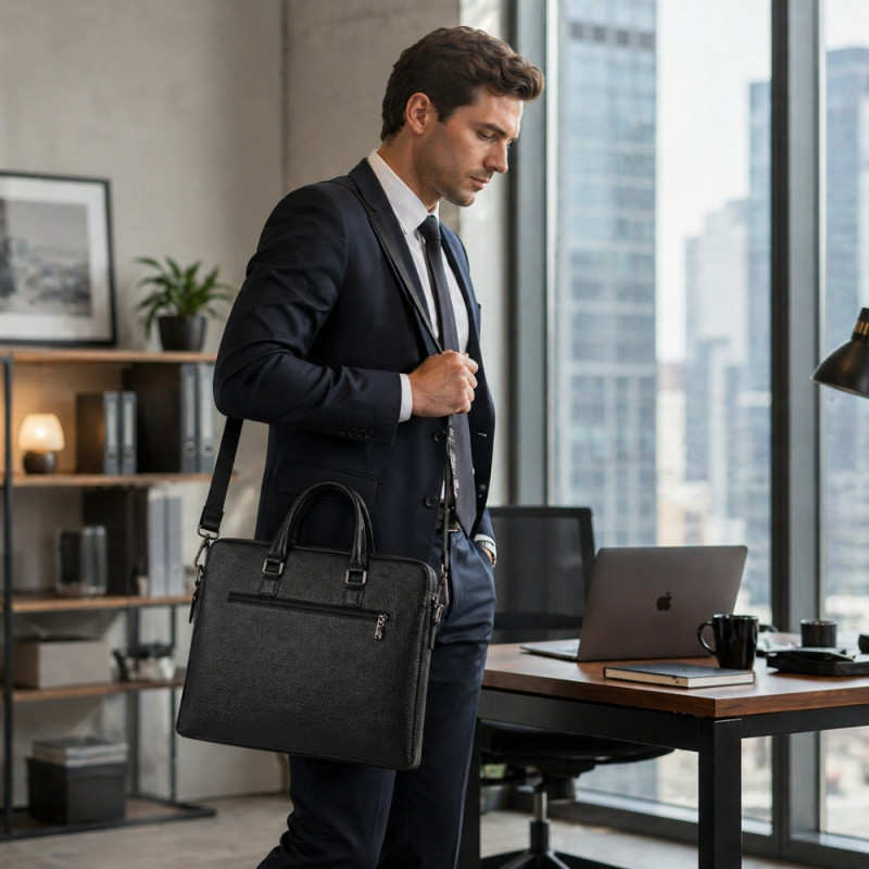 Executive Slim Leather Briefcase – Professional Obsidian Black (38cm)
