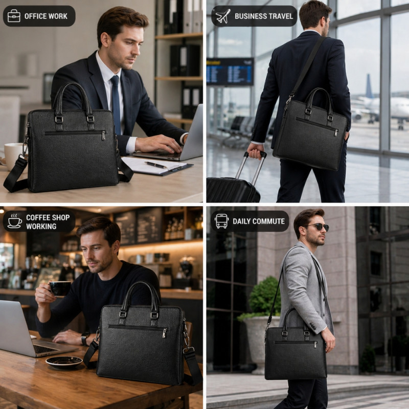 Executive Slim Leather Briefcase – Professional Obsidian Black (38cm)