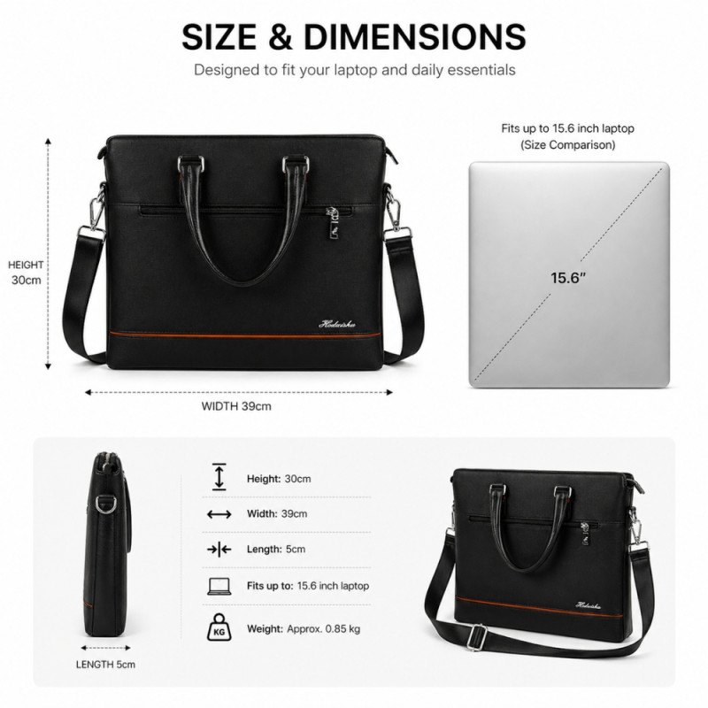 Executive Slim Laptop Briefcase – Professional Black PU Leather (39cm)