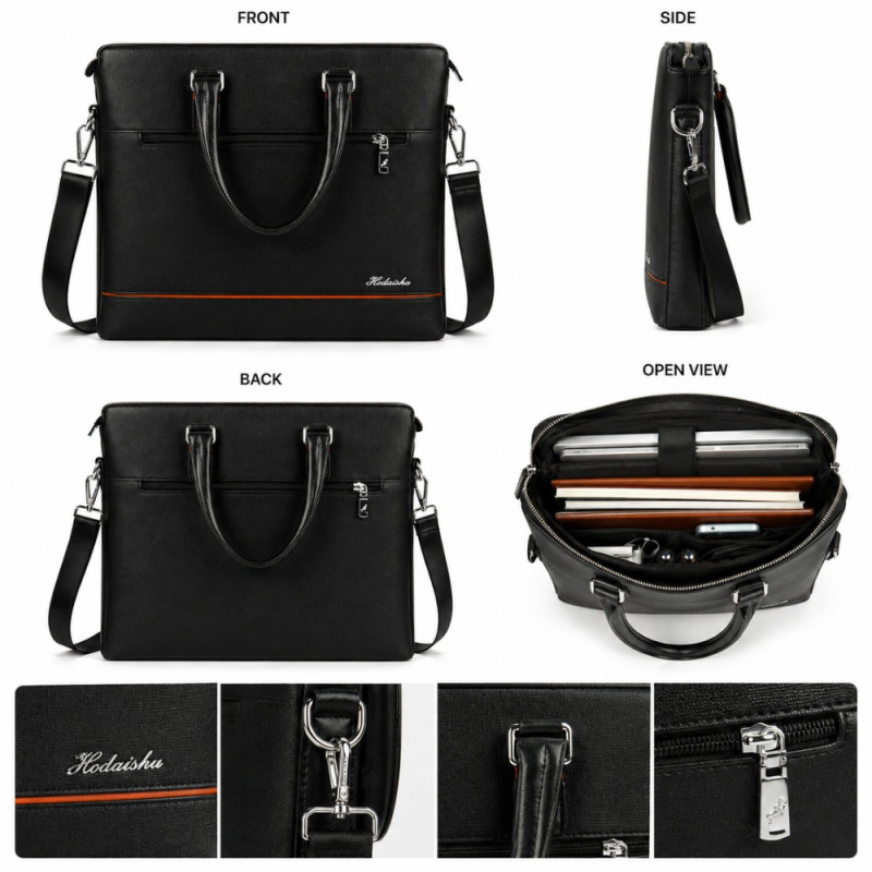Executive Slim Laptop Briefcase – Professional Black PU Leather (39cm)