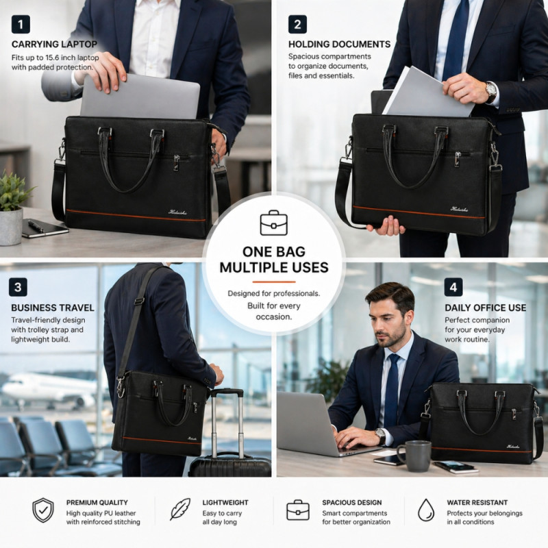 Executive Slim Laptop Briefcase – Professional Black PU Leather (39cm)