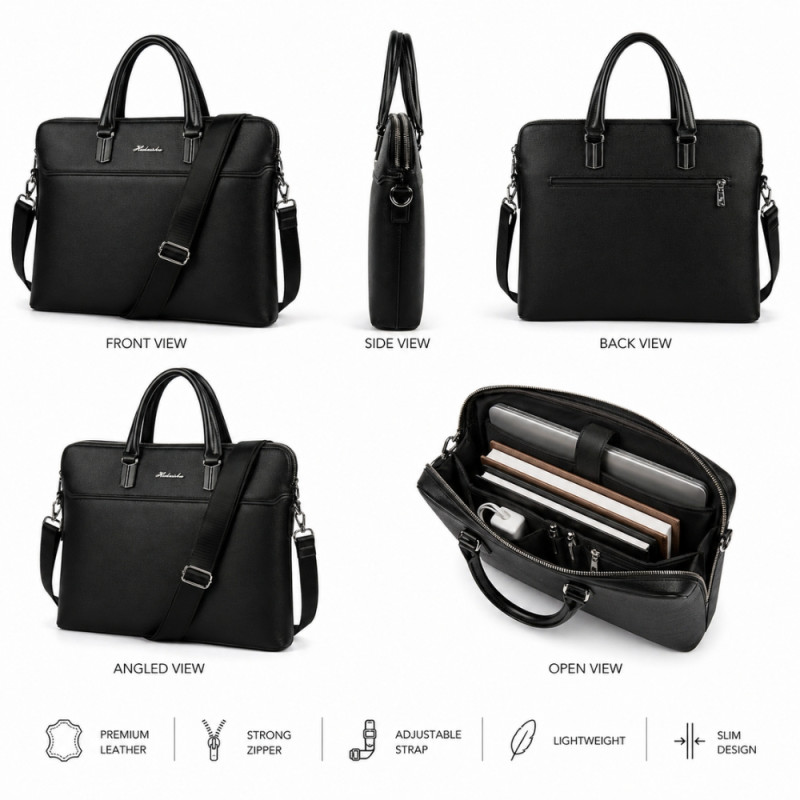 Executive Sleek Business Briefcase – Premium Black Leather (39cm)