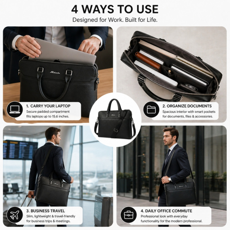 Executive Sleek Business Briefcase – Premium Black Leather (39cm)
