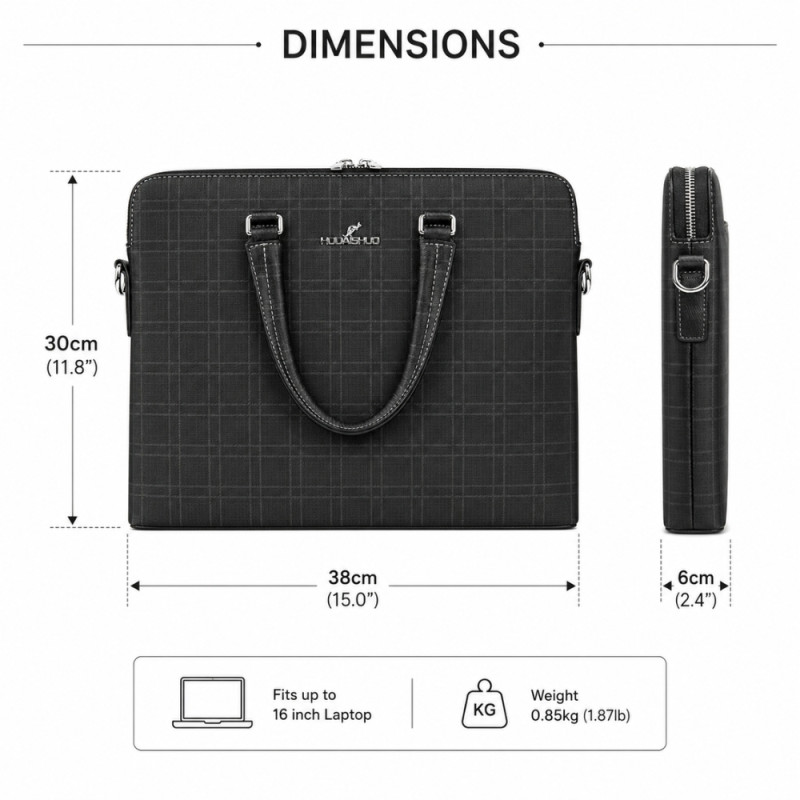 Men's Executive Grid-Patterned Leather Briefcase – Professional Black (38cm)