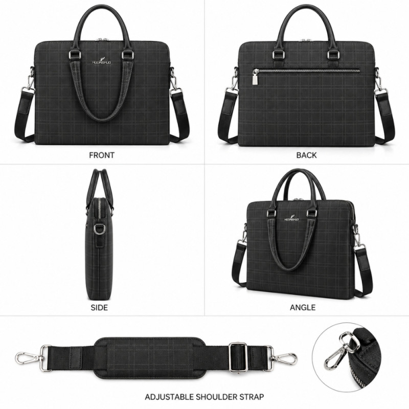 Men's Executive Grid-Patterned Leather Briefcase – Professional Black (38cm)