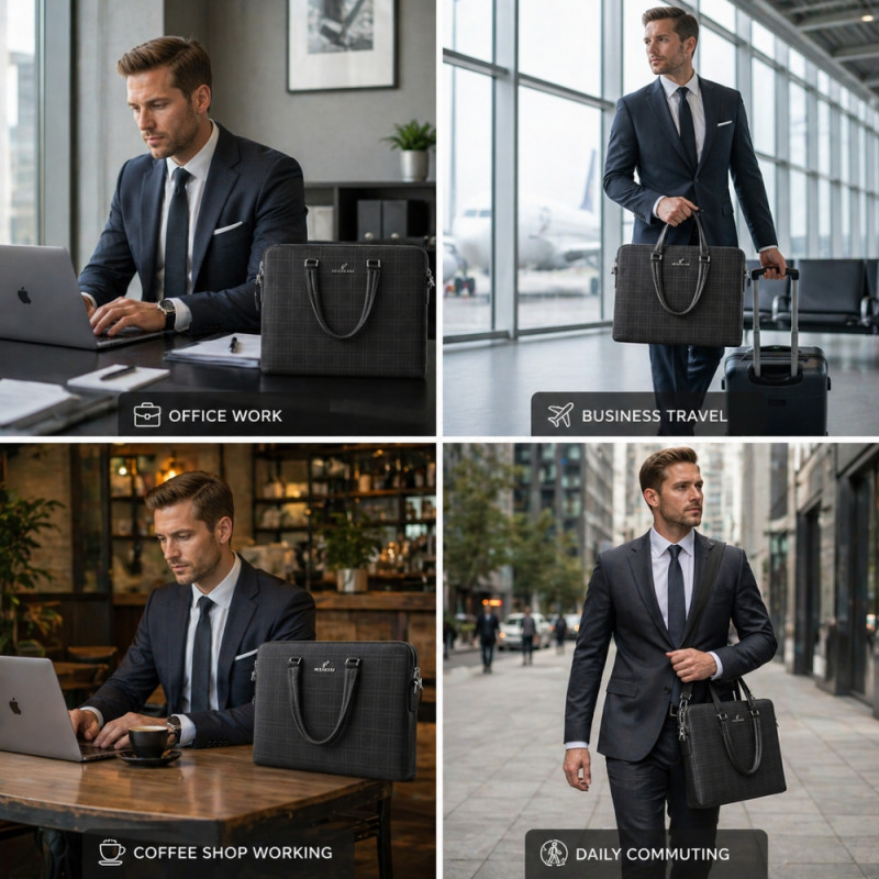 Men's Executive Grid-Patterned Leather Briefcase – Professional Black (38cm)