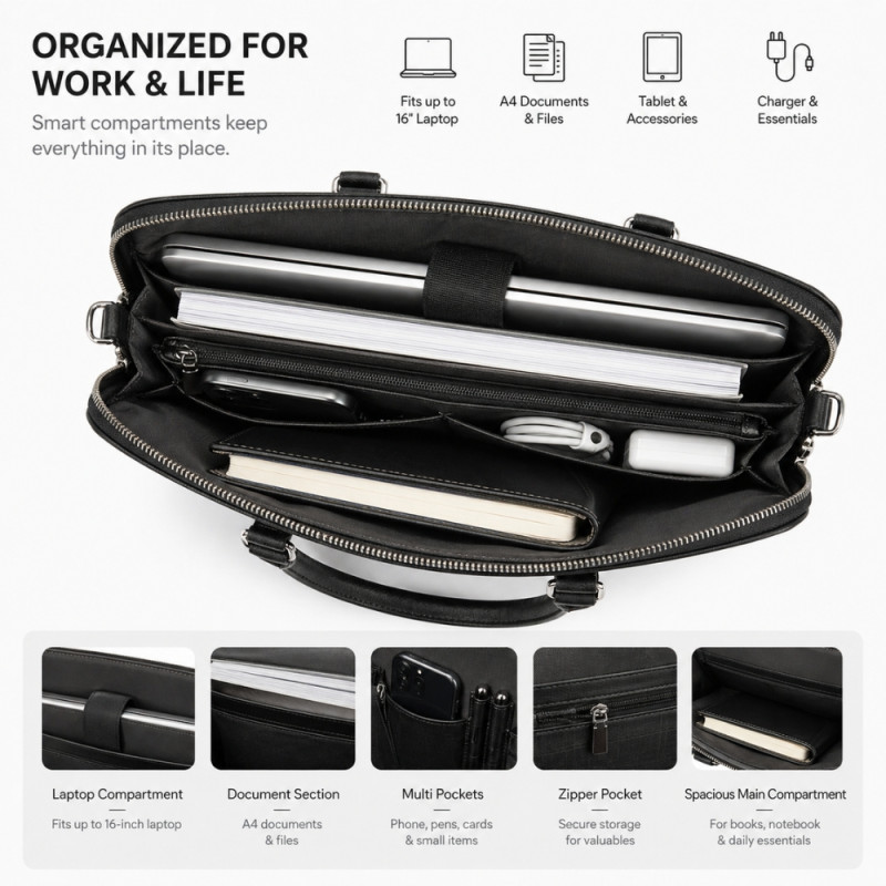 Men's Executive Grid-Patterned Leather Briefcase – Professional Black (38cm)