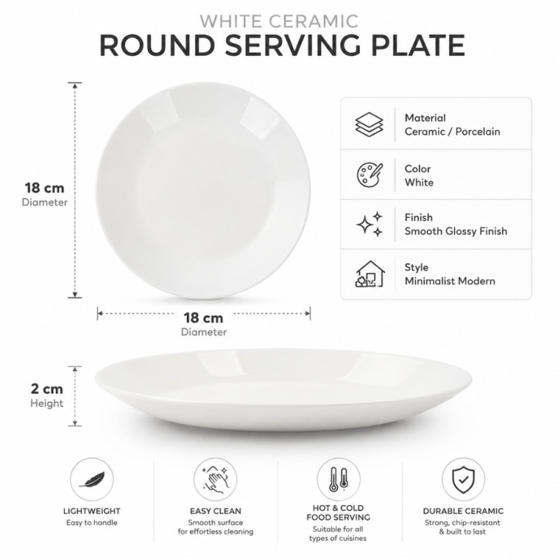 Premium Dinnerware Plate Set – White Elegant Design (18cm)