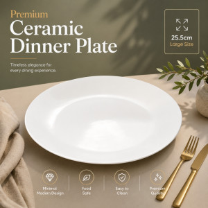 Premium Dinnerware Plate Set – White Elegant Design (25.5cm)
